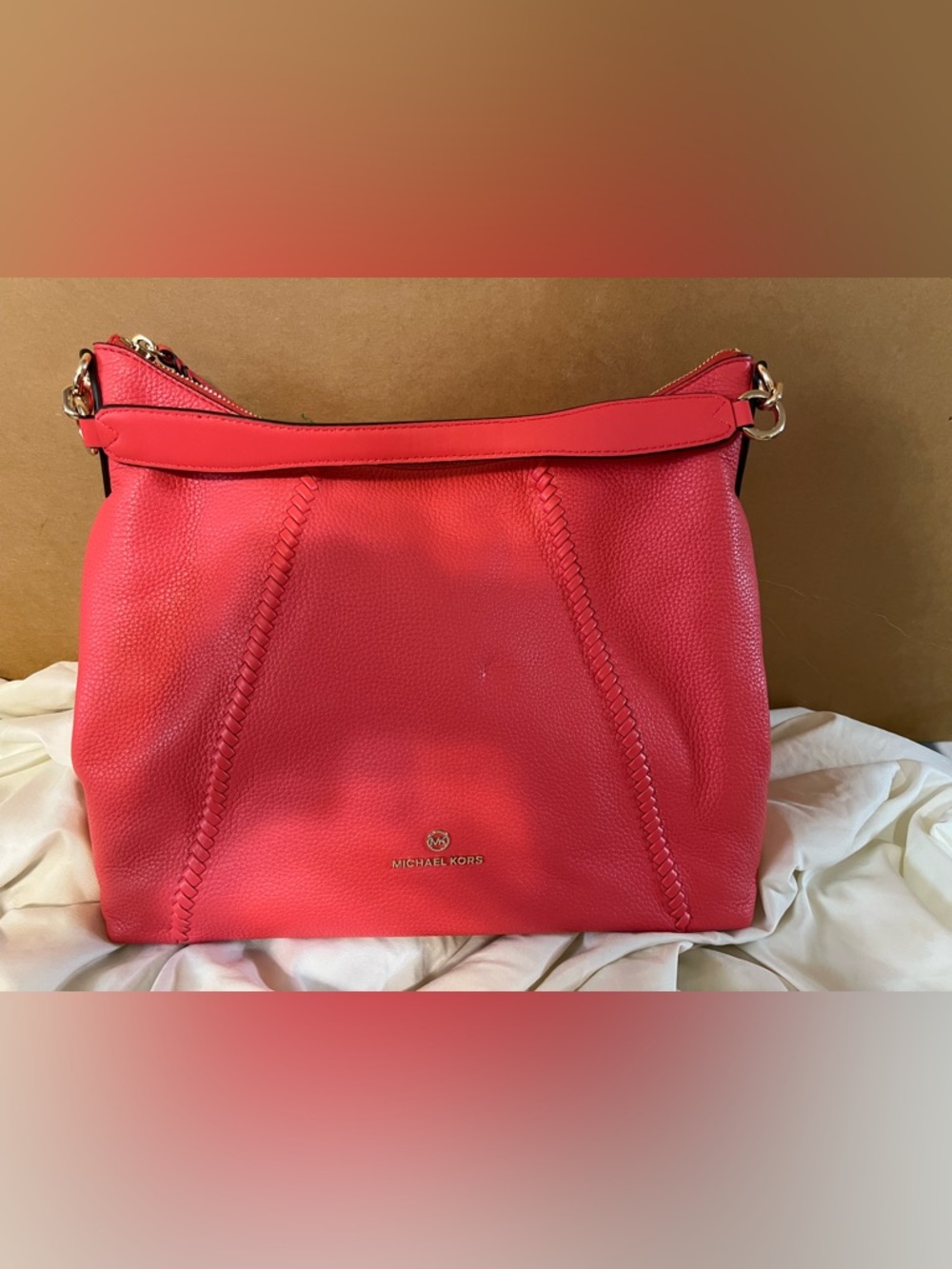 Michael Kors Coral-Red Pebbled Leather Shoulder Bag with Braided Trim